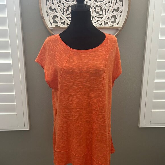 Eileen Fisher Top Linen Cotton Blend Orange Tunic Shot Sleeve Sweater Shirt SZ S - Picture 1 of 8